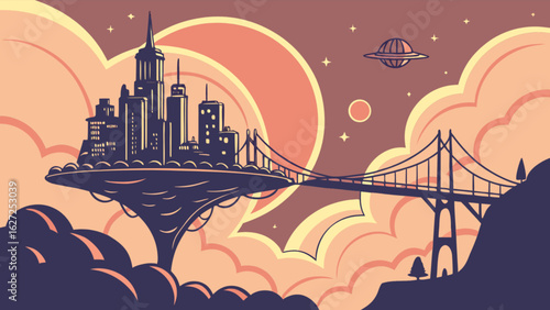 Futuristic floating city landscape with bridge and ufo illustration vector graphic design art