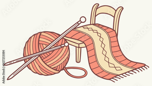 Illustration of knitting yarn ball with needles and cozy chair with blanket for crafting hobby time