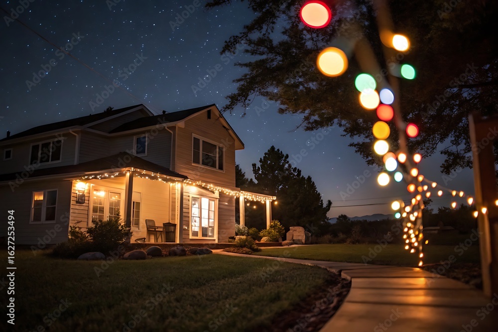 Fototapeta premium Charming Farmhouse at Night with Starry Sky and String Lights