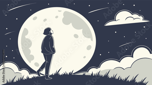 Girl looking at moon night sky illustration vector art dreamy scene full moon stars and clouds landscape design