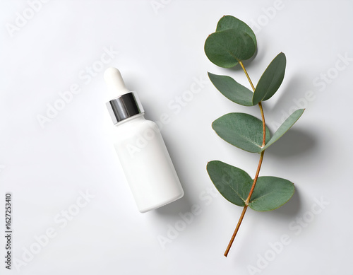 Minimalist Overhead Shot of a White Lotion Bottle with Dried Flower Accent