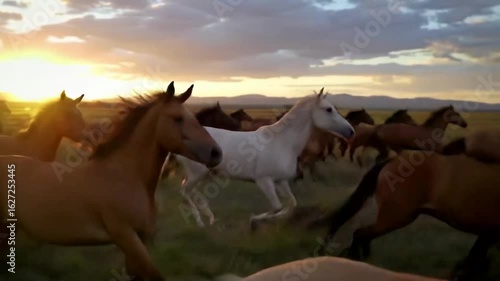 Majestic Wild Horses Galloping Across Open Plains at Sunset, Embodying Freedom and Untamed Spirit in
