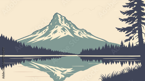Mountain lake landscape vector illustration with pine trees and reflection scenic nature background art, 96