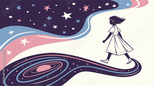 Girl walking on galaxy path vector illustration cosmic journey fantasy art dreamy scene exploration adventure