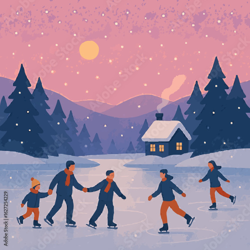 children skating in the frozen river