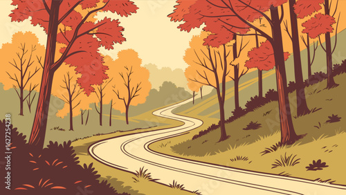 Autumn road trip scenic drive through fall foliage landscape with trees and winding road illustration vector