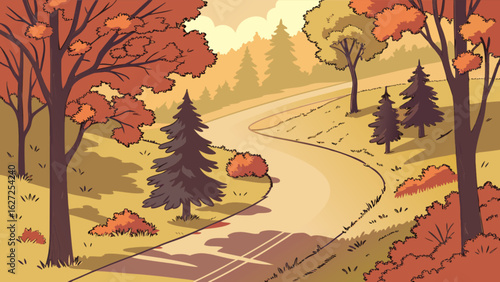 Autumn landscape illustration of a winding road through a forest with fall foliage trees and pines scene