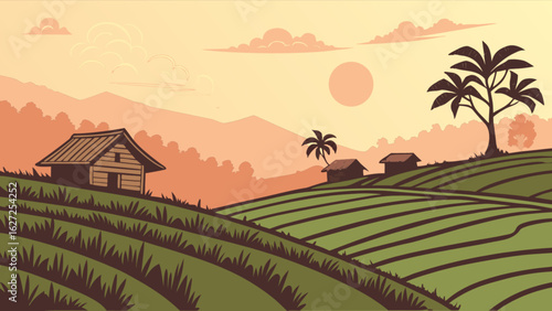 Scenic landscape illustration of farm fields and rural houses at sunset vector background design