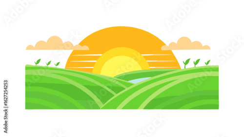 Agriculture landscape farm field with sunset vector illustration for farming and rural scenery design