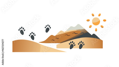 Desert landscape illustration with animal paw prints sun and mountains vector background design art