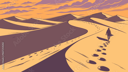 Illustration of desert landscape with footprints and figure walking through sand dunes at sunset art