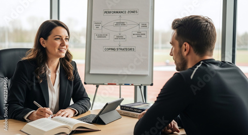 Confident Female Sports Psychologist Counseling Athlete.