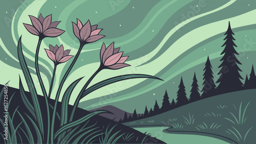 Vector art illustration of flowers in landscape with aurora borealis northern lights background design