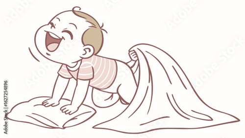 Illustration of happy baby crawling on pillow pulling blanket cute infant playtime vector art for kids design