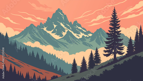 Mountain landscape vector illustration with pine trees and snowy peaks for outdoor adventure design