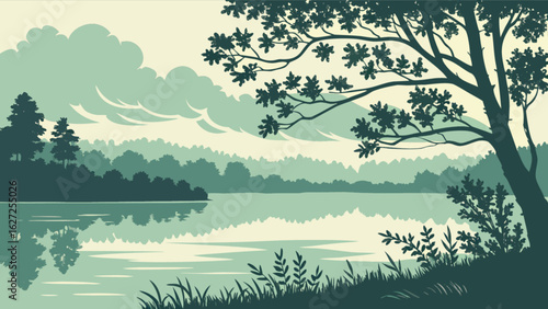 Beautiful scenic lake landscape illustration with trees water and sky vector background image design
