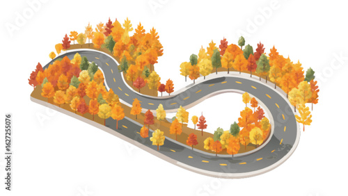 Scenic autumn road trip illustration with fall foliage and winding road for travel and nature lovers