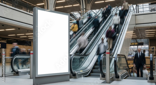Blank Digital Billboard in Busy Public Transport Hub with Escalators