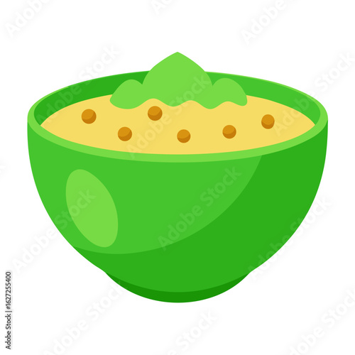 A vibrant green bowl filled with creamy yellow soup and topped with a dollop of bright green puree and small brown seeds