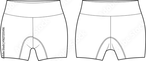 Front view technical shorts sketch, seam and crotch design comparison, waistband garment layout, fashion template illustration, contour stitching drawing, apparel vector mockup.