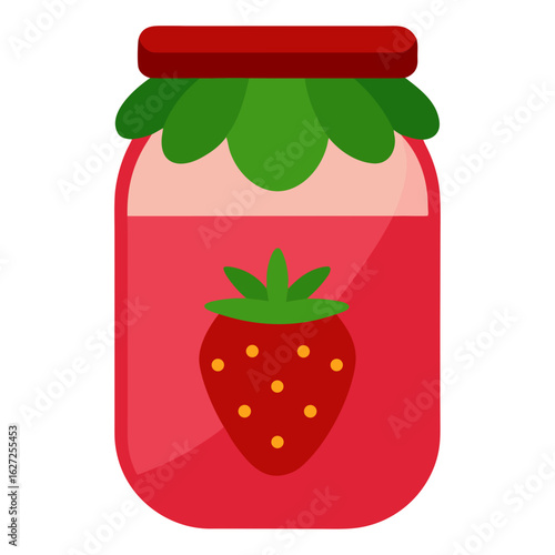 A flat design illustration of a jar filled with sweet strawberry jam and a whole strawberry on the label