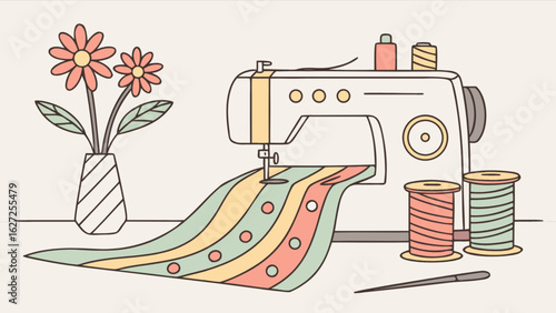 Sewing machine craft diy handmade tailor hobby needlework fabric textile flowers threads vase art
