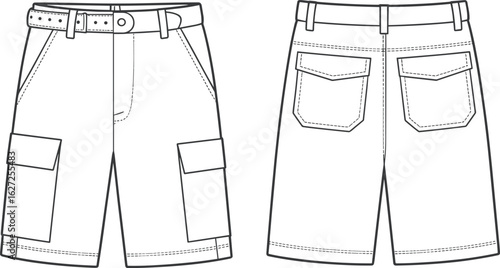 Front and back shirt sketch, button-up long sleeve design, cuffed sleeve garment drawing, collared fashion template, technical apparel layout, vector illustration clothing mockup.