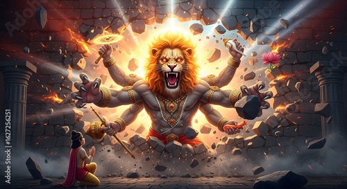 Powerful lion god avatar with multiple arms unleashing fiery energy and cosmic elements