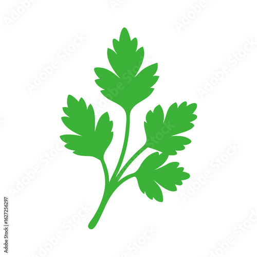 A simple flat illustration of a bright green parsley sprig against a solid black background