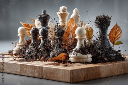 Chess pieces in soil on a wooden board