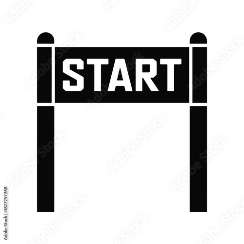 Black and white graphic of a start line banner with the word start in bold white letters