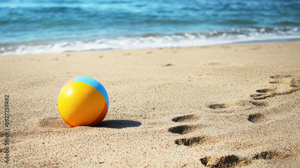 A close-up of footprints in the sand with a beach ball resting nearby. A close-up of footprints in the sand with a beach ball resting nearby.