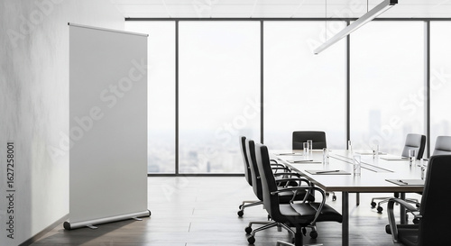 Modern Empty Conference Room with Blank Roll-Up Banner Mockup