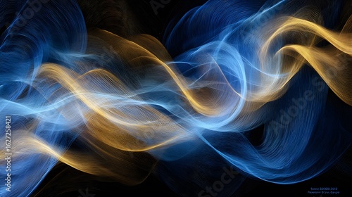 Abstract fusion of glowing gold and deep blue in swirling dance of light, black background