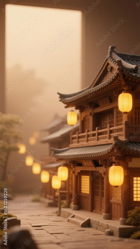 Fototapeta premium Traditional Asian Architecture Illuminated by Lanterns in a Misty Evening