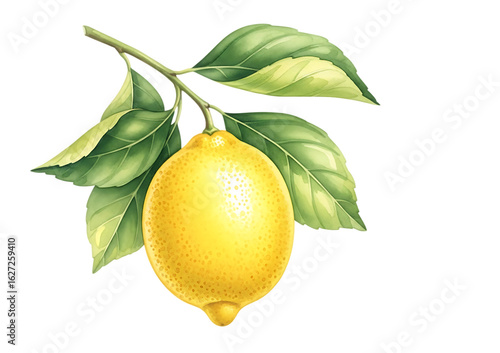 A realistic watercolor painting of a lemon with leaves on a branch, isolated on a transparent background.

