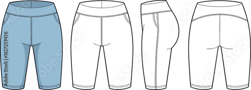Shorts technical sketch front, back, side views, blue design with pockets, stitching detail, fashion template drawing, apparel construction outline, vector garment layout.