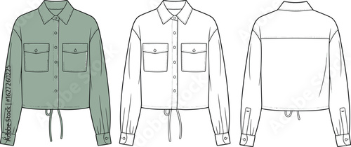 Cropped green shirt illustration, button-up design, long sleeves, chest pockets, drawstring hem, front and back technical views, vector fashion sketch, apparel template layout.