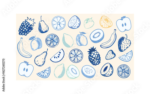 Color-Dripped Fruits cape of Twenty Plus Fruits in Playful Artistic Doodle Format with Stylized Blue Ink Lines