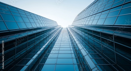 A low angle shot of a modern blue glass skyscraper against a clear sky in the city center
