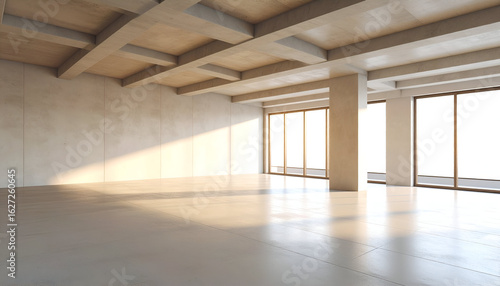 Expansive empty room interior with a high ceiling, wooden beams, and concrete floor, bathed in warm afternoon sunlight from large windows.