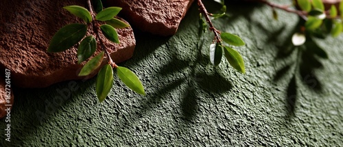 Green Leaves and Textured Surface with Shadows.