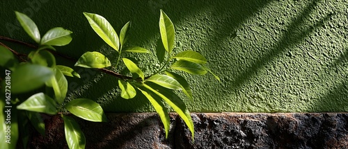 Green Leaves on Branch Against Textured Wall.
