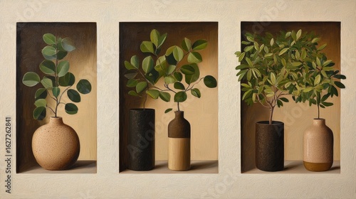 Three framed still life paintings of potted plants.