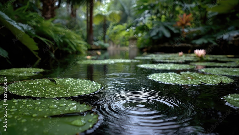 Obraz premium Tropical pond, rain ripples on lily pads