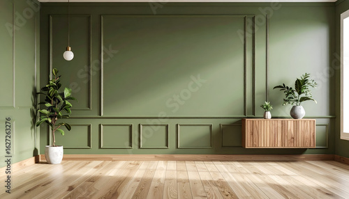 Minimalist studio mockup with an olive green accent wall, floating oak cabinet, and soft natural light creating a serene interior design background.