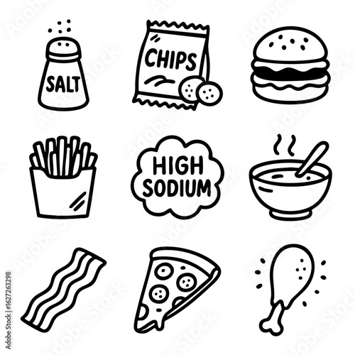 A set of doodle line icons depicting salty fast food, processed snacks, and high sodium meals associated with unhealthy eating habits