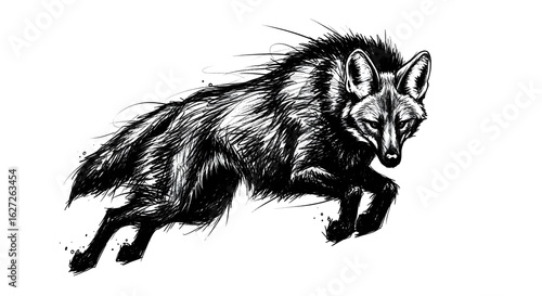 sketch of a Brazilian maned wolf lobo-guará in a powerful mid-air leap, charcoal drawing, scribbled lines, drawing, illustration, dangerous, scary, 