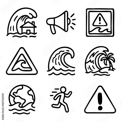 A set of doodle line icons showing tsunami warnings, dangerous ocean waves, natural disasters, evacuation signs, and coastal flooding impacts