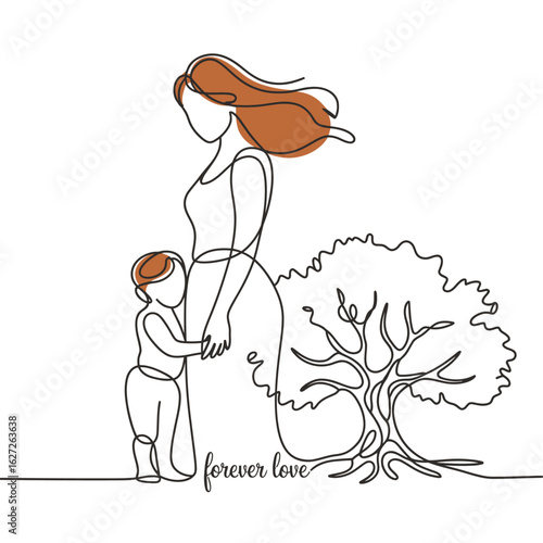 A beautiful single line drawing celebrating mother and child love next to a vibrant tree symbolizing growth and family connection